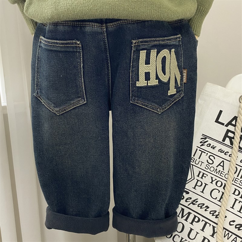 男童加绒裤子秋冬款儿童牛仔裤2024新款冬季一体绒加厚男孩弹力潮