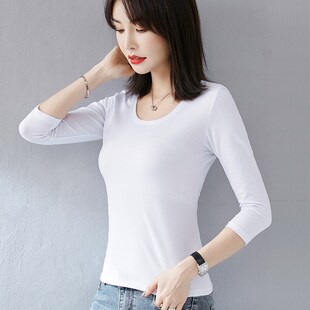 内搭上衣圆领纯色体恤 t恤女纯棉春秋2021年修身 白色打底衫 七分袖