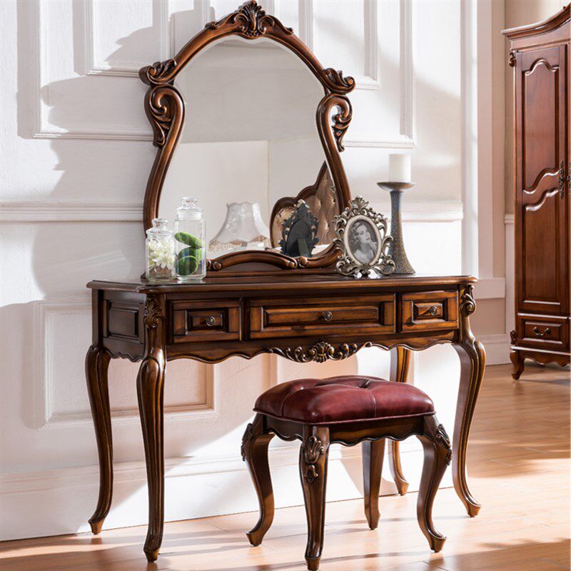 美式梳妆台全实木欧式化妆台小户型复古卧室化妆桌镜组合深色1米2