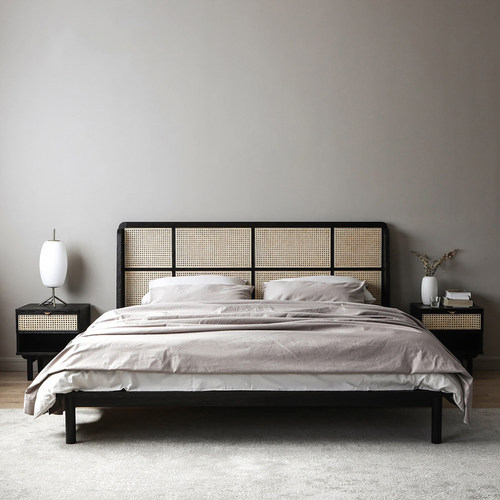 藤编匠师北欧实木藤床双人床侘寂风主卧简约白蜡木民宿家俱藤编床