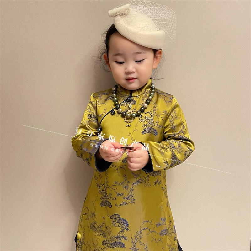 定制童装旗袍女童连衣裙秋冬新中式提花唐装立领旗袍裙拜年服国风