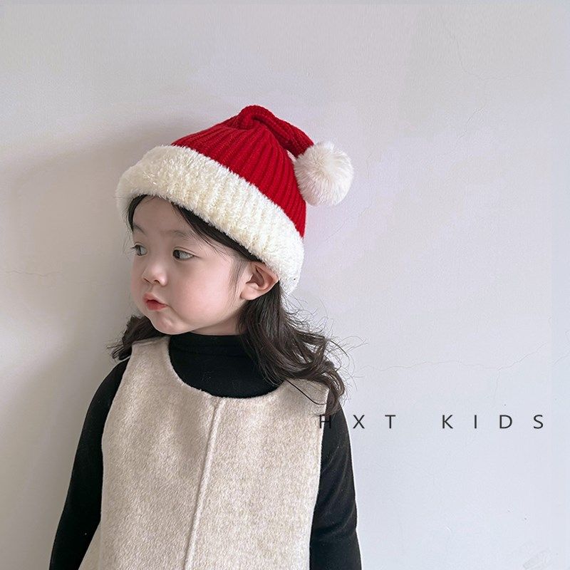 儿童圣诞帽秋冬季加厚红色针织帽婴幼儿宝宝新年毛球洋气套头帽子
