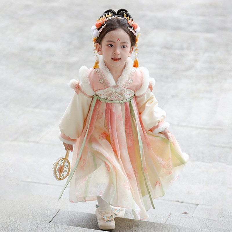 汉服女童襦裙冬款公主毛领加厚加绒改良中国风连衣裙儿童超仙古装