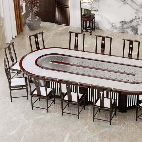 椭圆形电动餐桌酒店新中式餐厅传送带回转火锅桌长方形自动旋转桌