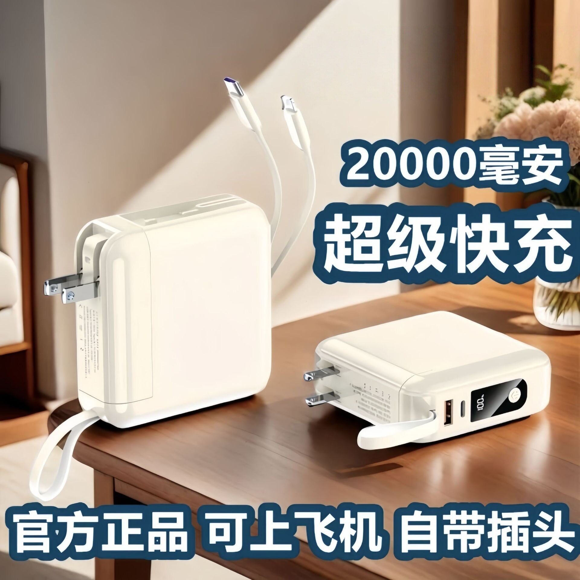自带插头充电宝3C认证20000毫安大容量自带线超级快充移动电源PRC