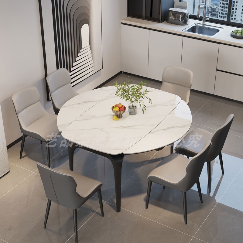 镁合金导轨伸缩岩板餐桌家用小户型现代J简约形折叠椅组合方圆两