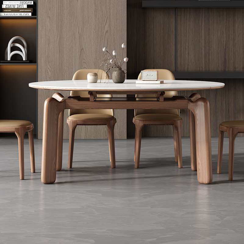 岩板伸缩餐桌椅组合现代简约家用小户型白蜡木折叠方变.圆吃饭桌