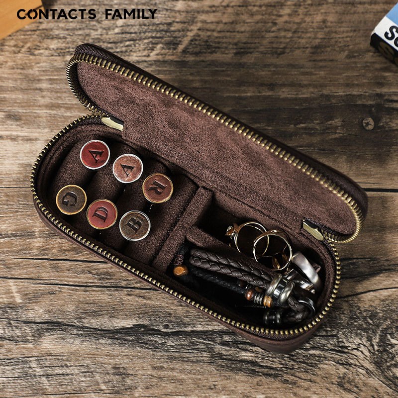 复古疯马牛皮质真皮首饰收t纳盒便携双拉链男士衣纽扣手链戒指包