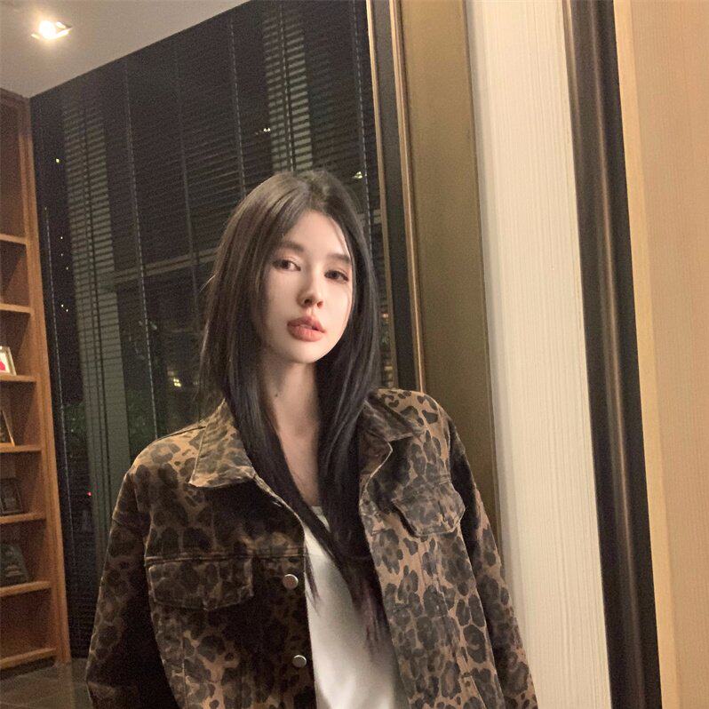 实拍实价 欧货街头豹纹牛仔外套春美式复古宽松休闲工装夹克上衣