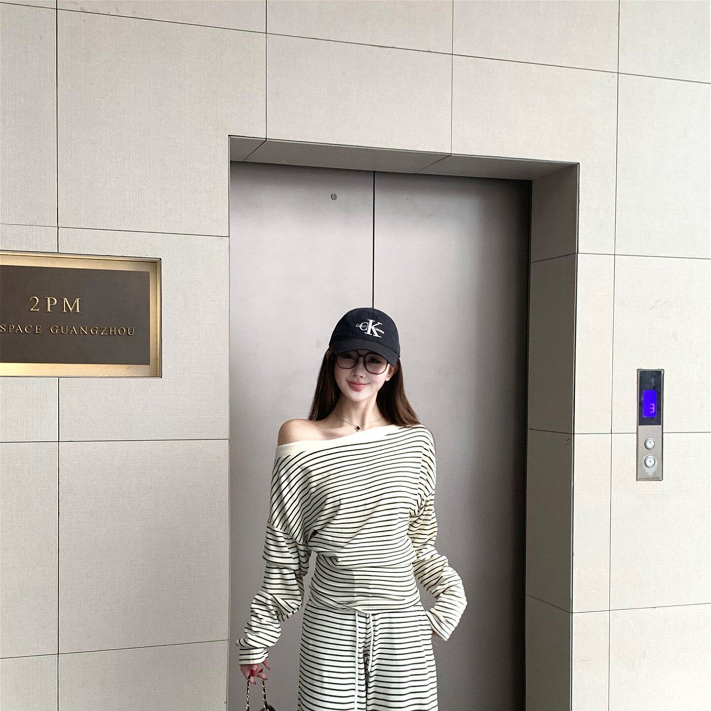 实拍～早秋 斜肩长袖收腰黑白条纹上衣精梳棉长裤慵懒套装
