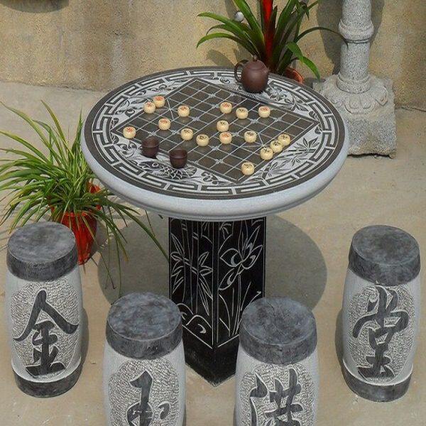 石桌石凳家用庭院青石圆形象棋桌室外别墅花园休闲雕花石桌凳一套