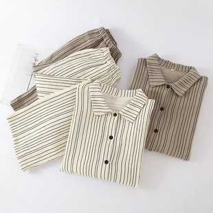 慵懒风燕尾式女士纯棉纱布睡衣春夏季七分袖可外穿家居服套装条纹