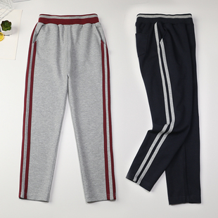 小学生校服裤子厚加绒麻灰色枣红撞色杠条儿童女童校裤男童运动裤