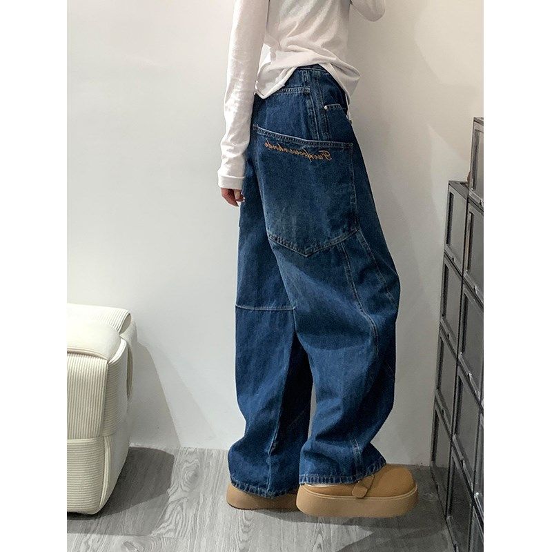 小众设计感多口袋工装牛仔裤女秋冬美式高街阔腿宽松直筒弯刀裤子,女装/女士精品,牛仔裤,淘宝优惠券,粉丝福利购,淘宝优惠卷