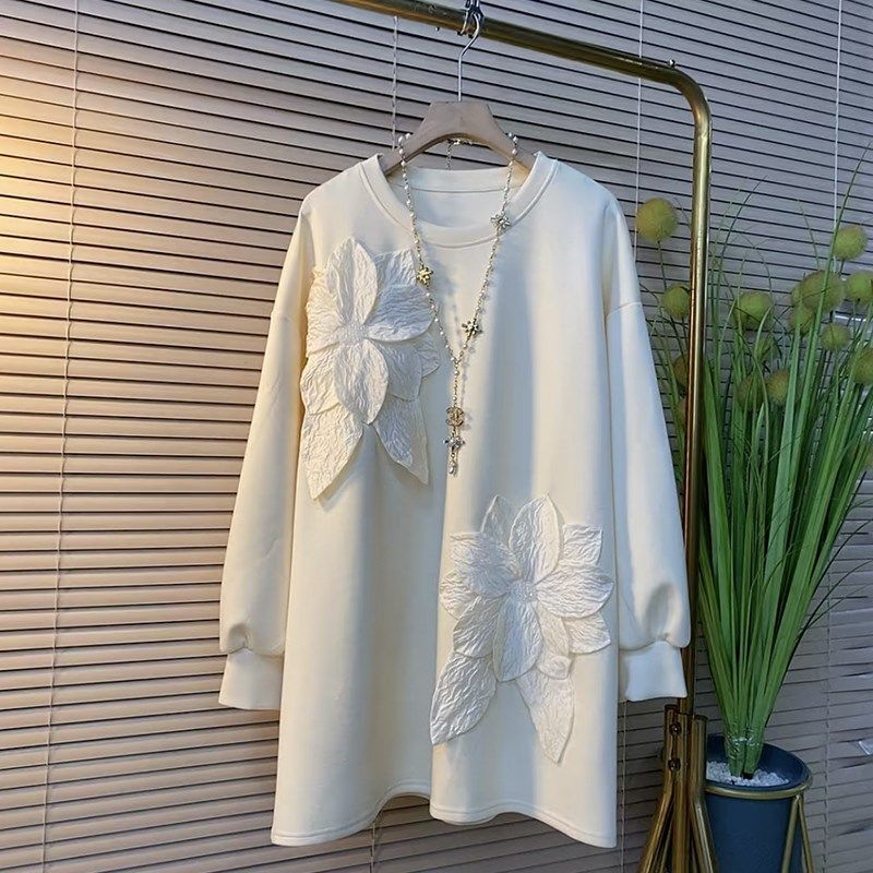 胖妹妹加肥圆领立体花长袖卫衣大码女装韩版甜美减龄百搭休闲上衣,女装/女士精品,大码内搭,淘宝优惠券,粉丝福利购,淘宝优惠卷