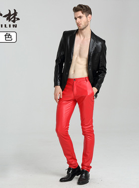 超薄男士皮裤男薄款弹力跳舞修身小脚紧身韩版摩托车防水红白色