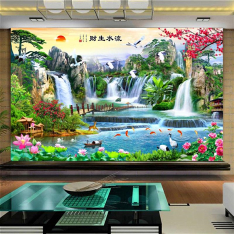 3D立体墙纸中式客厅电视背景墙壁纸8D流水生财山水画18D壁画墙布