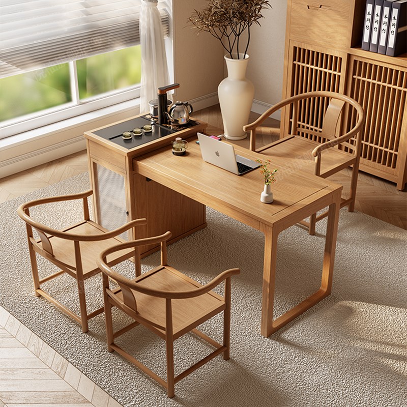 2025新奶油风格灰木茶几可伸缩阳台茶几O小型家用实木茶几组合