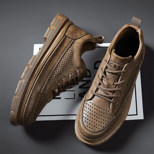 男鞋夏季镂空透气商务休闲棕色英伦板鞋低帮马丁靴年轻人宽脚皮鞋