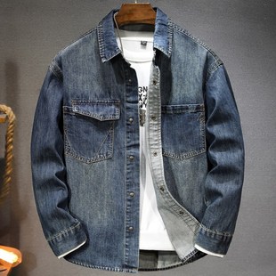 新款 辑明线宽松春秋衬衣男薄款 美式 长袖 外套 复古水洗牛仔衬衫 春季