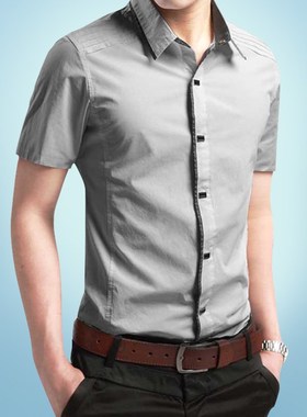 夏季纯棉灰色衬衣男短袖按扣韩版忖衫称大码拼接衬衫衣半截袖服土