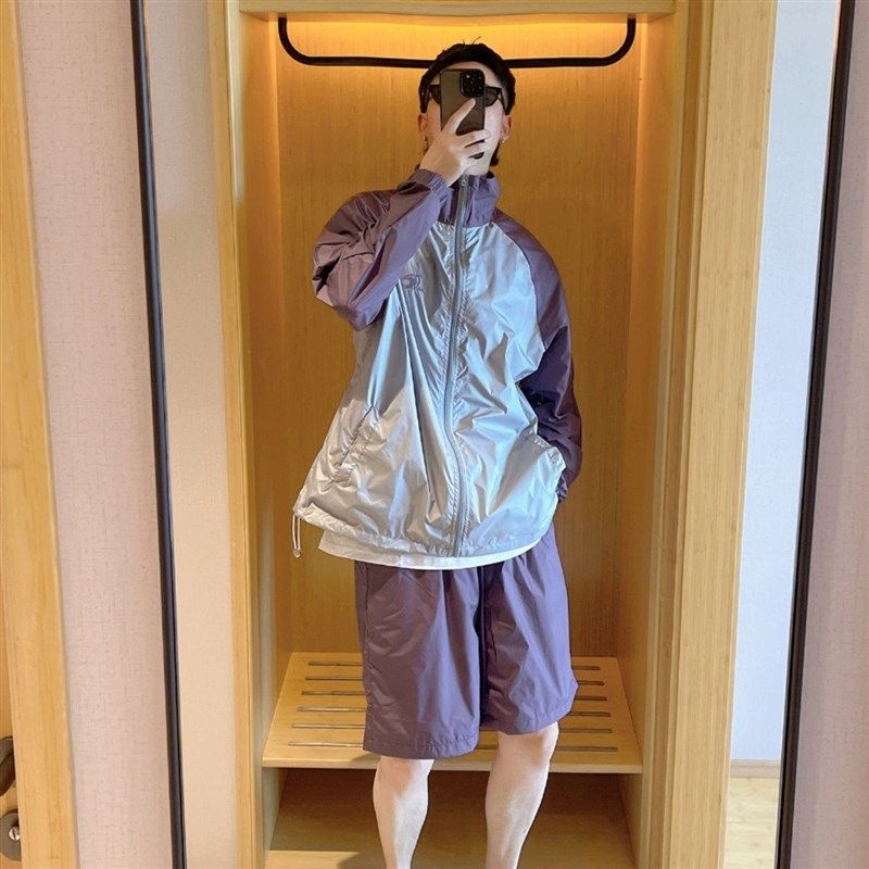 特大码300斤撞色拼接防晒服男女潮牌外套休闲皮肤衣短裤运动套装