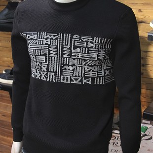毛线衣 保暖男针织衫 民族风拼接撞色男针织毛衣秋冬圆领修身 时尚
