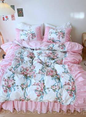 高档简约欧式经典全棉四件套田园碎in主s公风白色上花夏季韩式床