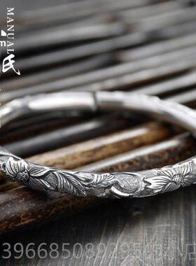 高档花民族风99足银纯手工云性雪花银南圆柱满雕莲银镯个女款纯银