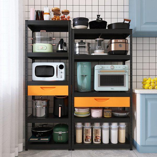黑色厨房置物架落地多层带橙色抽屉微波炉烤箱收纳柜子家用橱柜