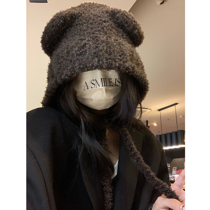 韩版可爱小熊毛线帽子女冬季2022年爆款毛绒保暖秋冬大头围护耳帽