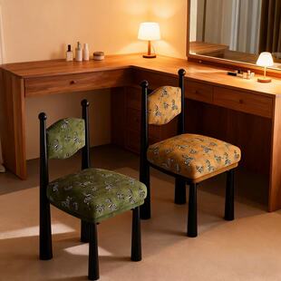 中古风实木餐椅设计师款家用客厅吃饭椅子法式复古软包靠背化妆凳