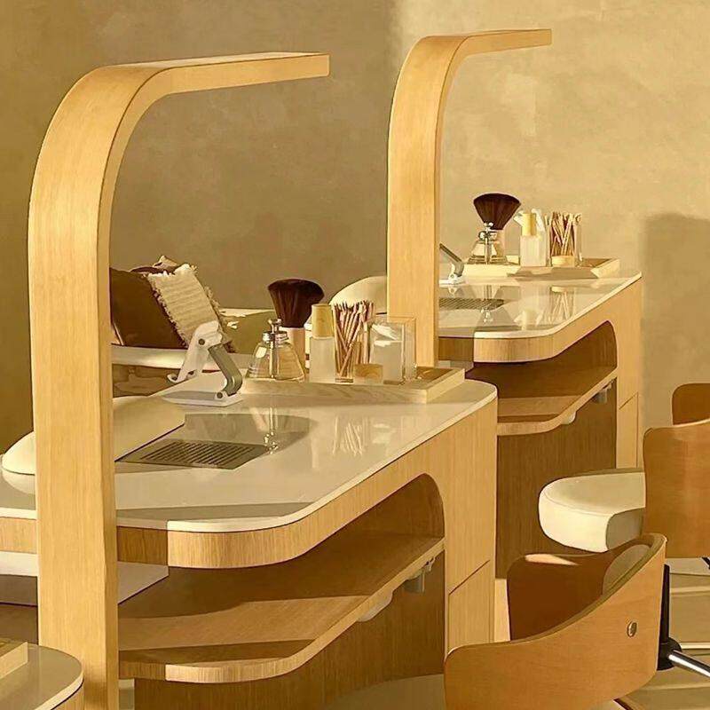 现代日式美甲桌单人双人三人实木漆桌槽吸尘器简约木色桌柜