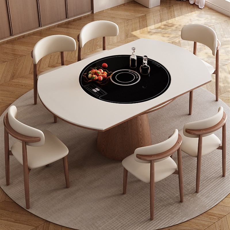 多功能实木岩板餐桌内嵌电磁炉暖菜板转I盘小户型家用饭桌可变圆