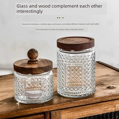 覆古玻璃密封罐木盖茶罐厨房干果谷I物储存罐家用透明储存罐