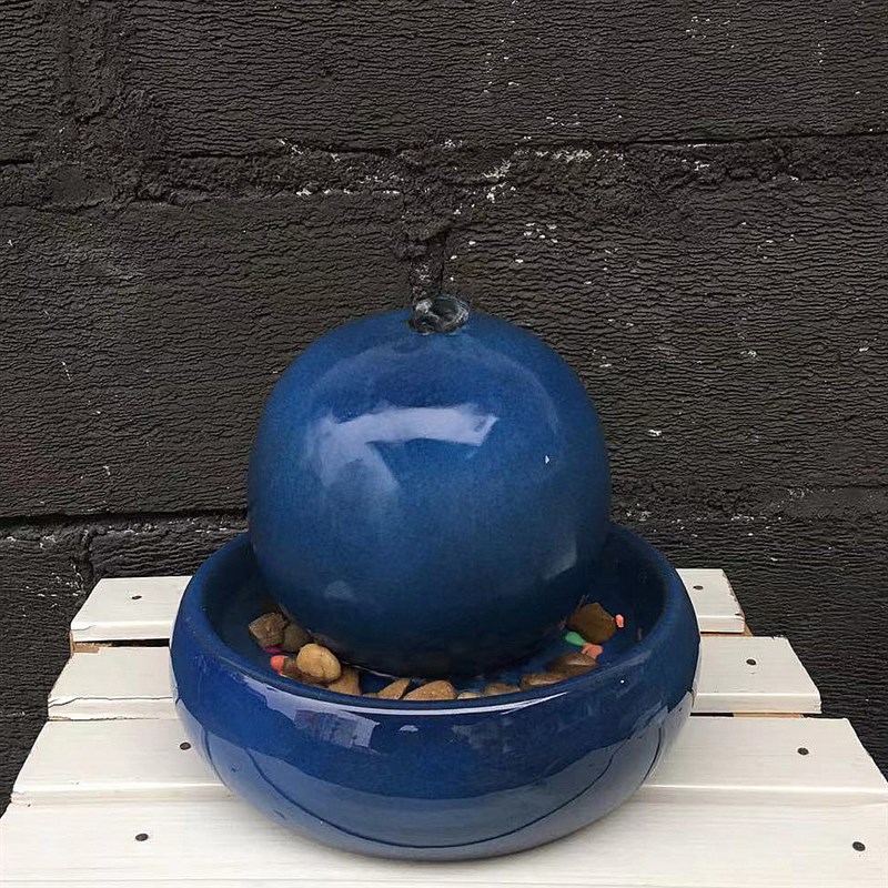 欧式陶瓷喷泉流水加湿器蓝色摆件家居客厅桌面R创意水景工艺品摆