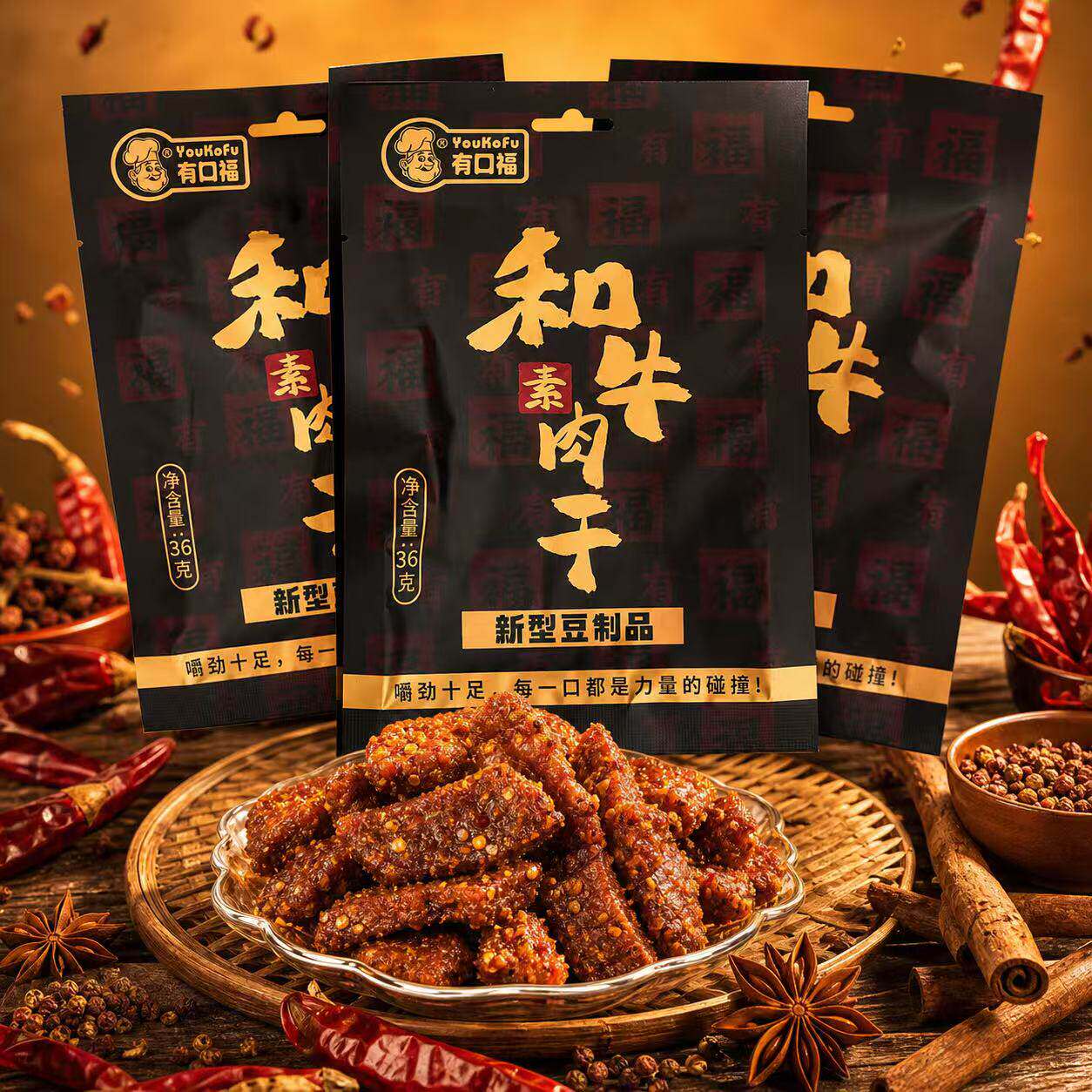 有口福和牛素肉干豆制品素肉干大豆素肉肥牛辣条小包装怀旧零食