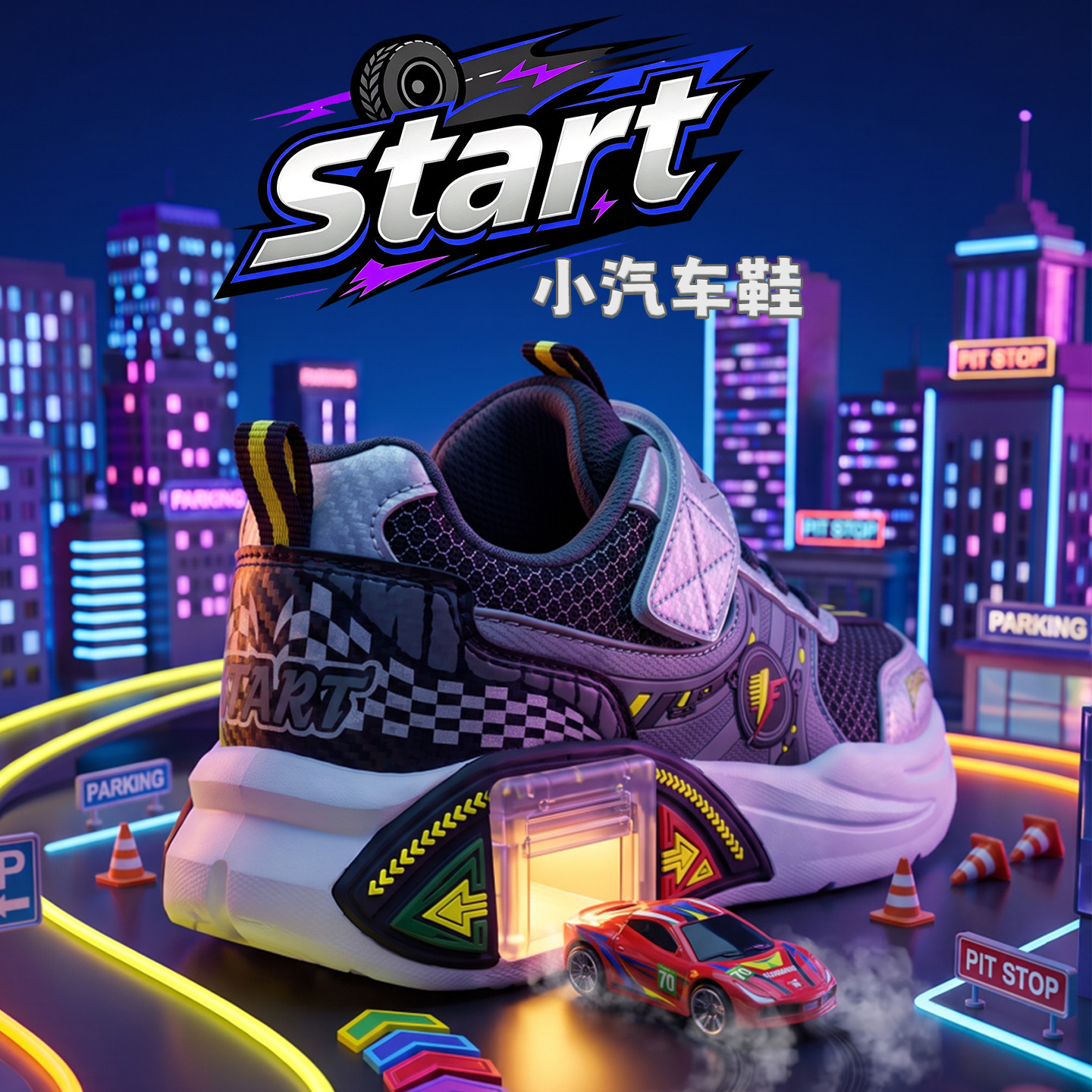 男童夜光透气魔术贴跑步鞋