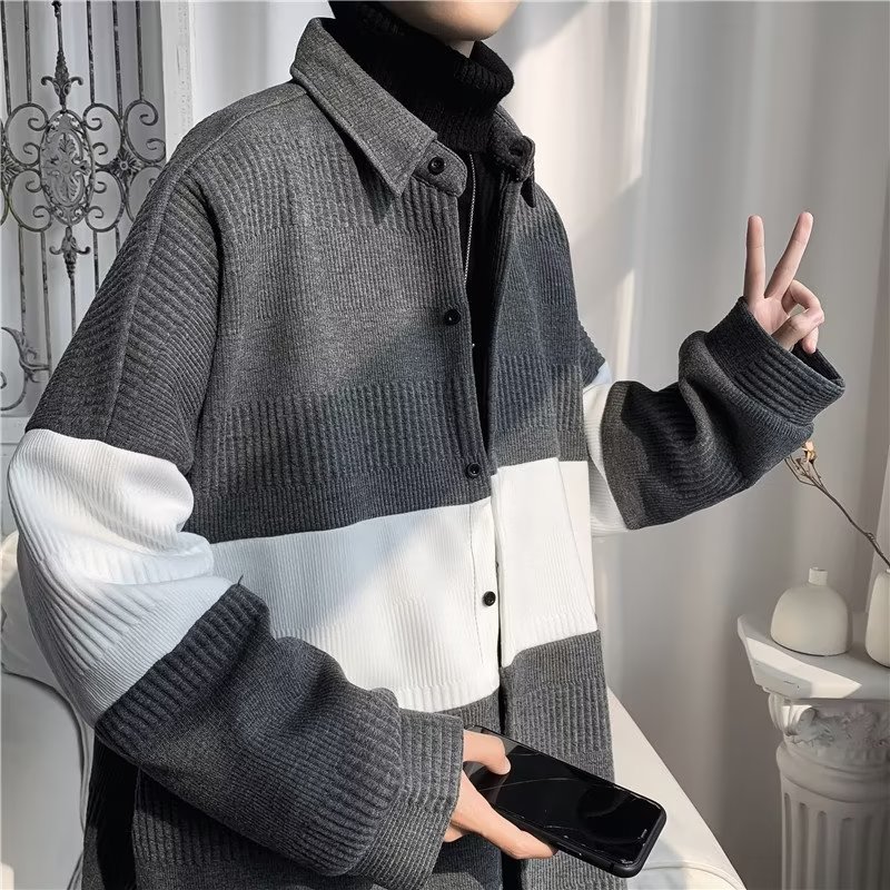 高级感男装秋季毛衣开衫男韩版宽松撞色学院风小众百搭针织衫外套