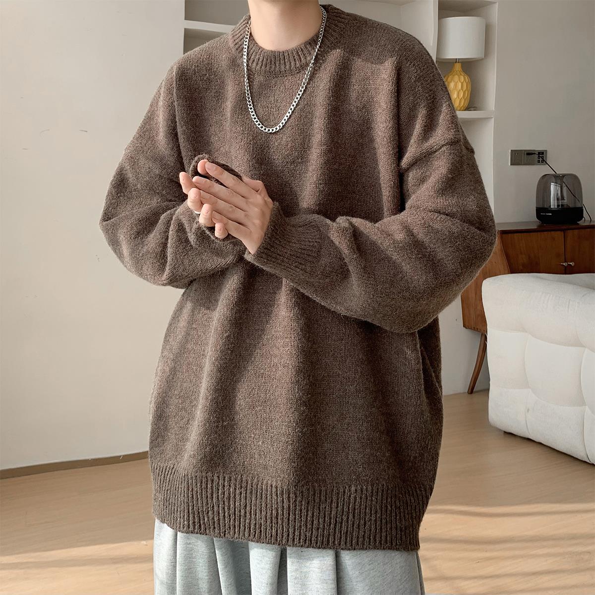 美式慵懒风圆领毛衣男冬季潮牌vintage情侣针织衫复古纯色套头衫