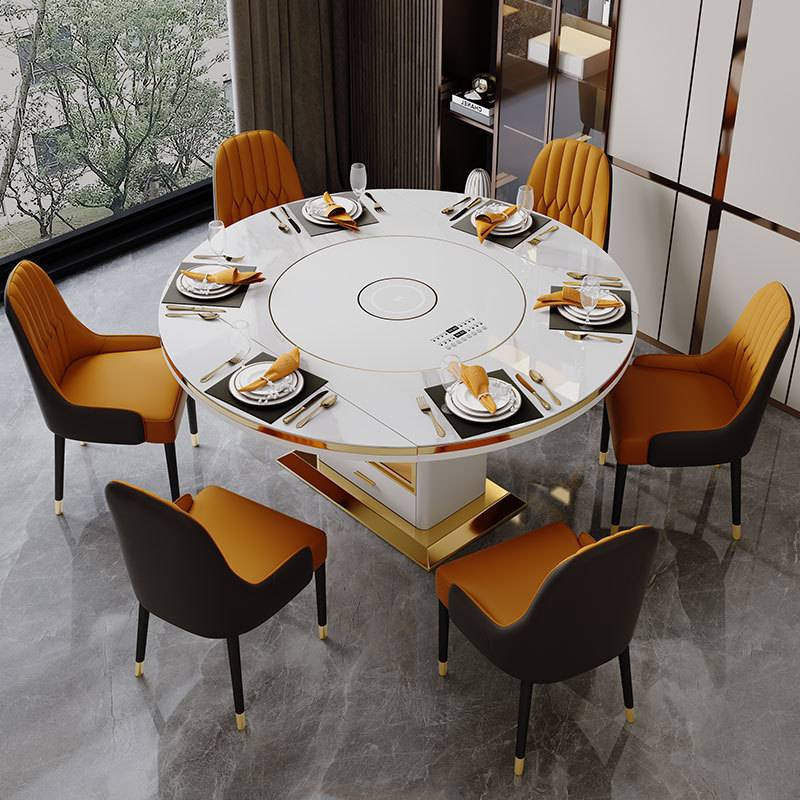岩板餐桌椅组合家用大小户型现代简约多功能内嵌式转盘电磁炉圆桌