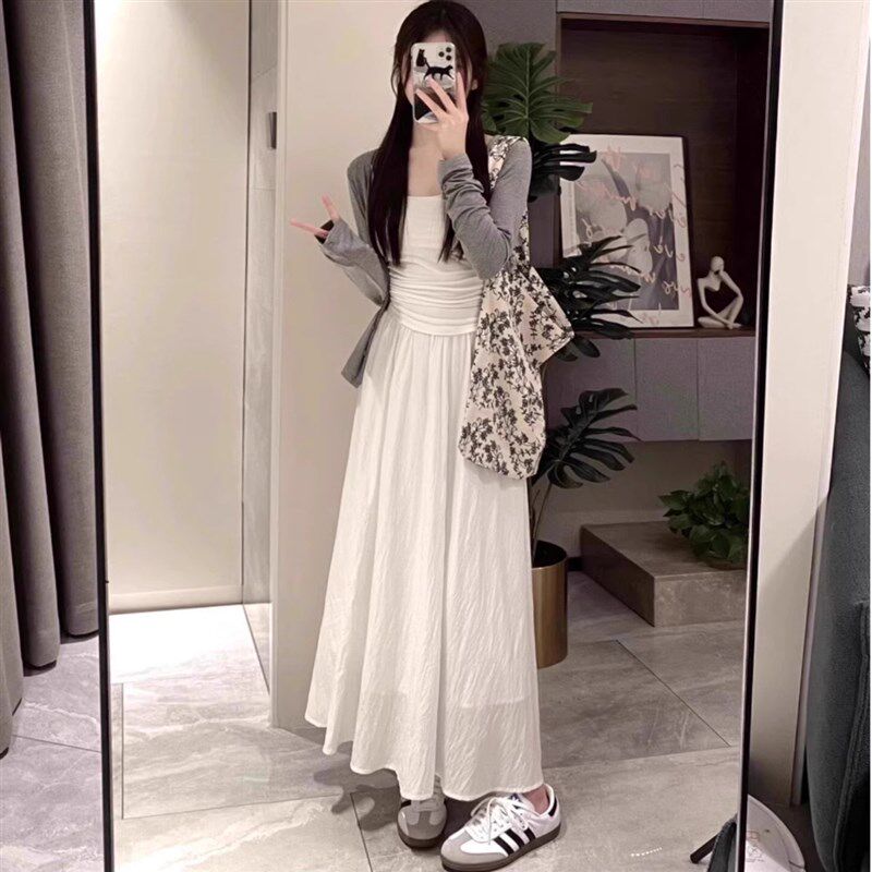 春夏胖mm显瘦3件套裙2025新款温柔风开衫吊带高腰a字白色半身长裙