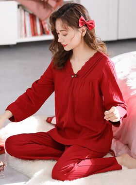 睡衣女春秋款秋季纯棉长袖家居服全棉本命年大红色牛年结婚秋冬季
