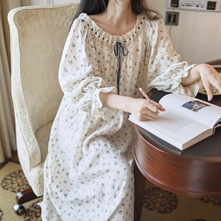 赫本风睡衣女春秋纯棉长袖法式复古纱线甜美碎花长款睡裙女带胸垫
