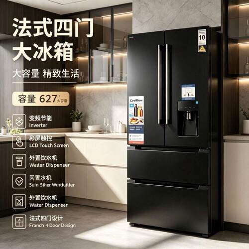 跨境出口Refrigerator法式四门带饮水机大容量冰箱 家用 工厂直供
