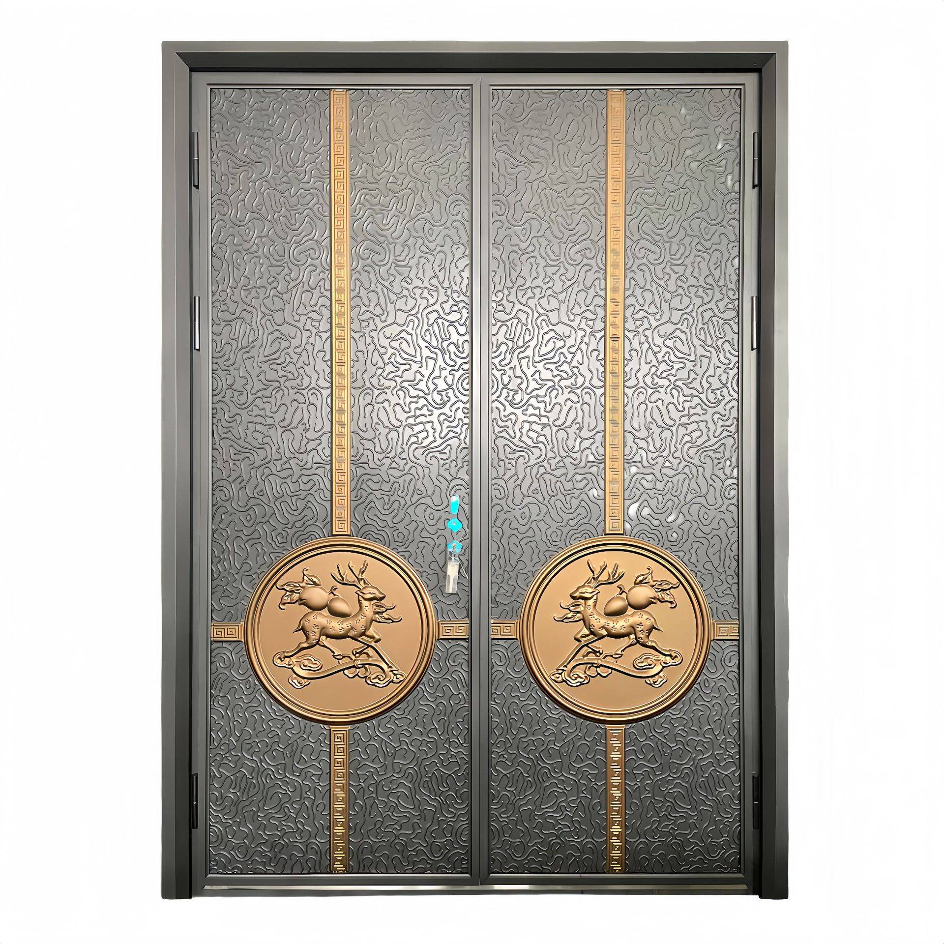 别墅大门仿铜拉丝纹路铝木装甲门铸铝门代培精雕滑盖拉手指纹锁