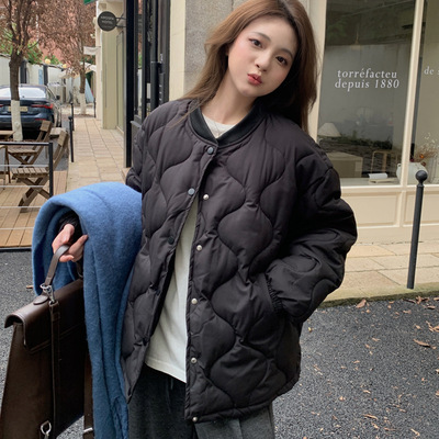 黑色菱格短款棉服女2025秋冬新款韩版宽松显瘦小个子棒球服外套女