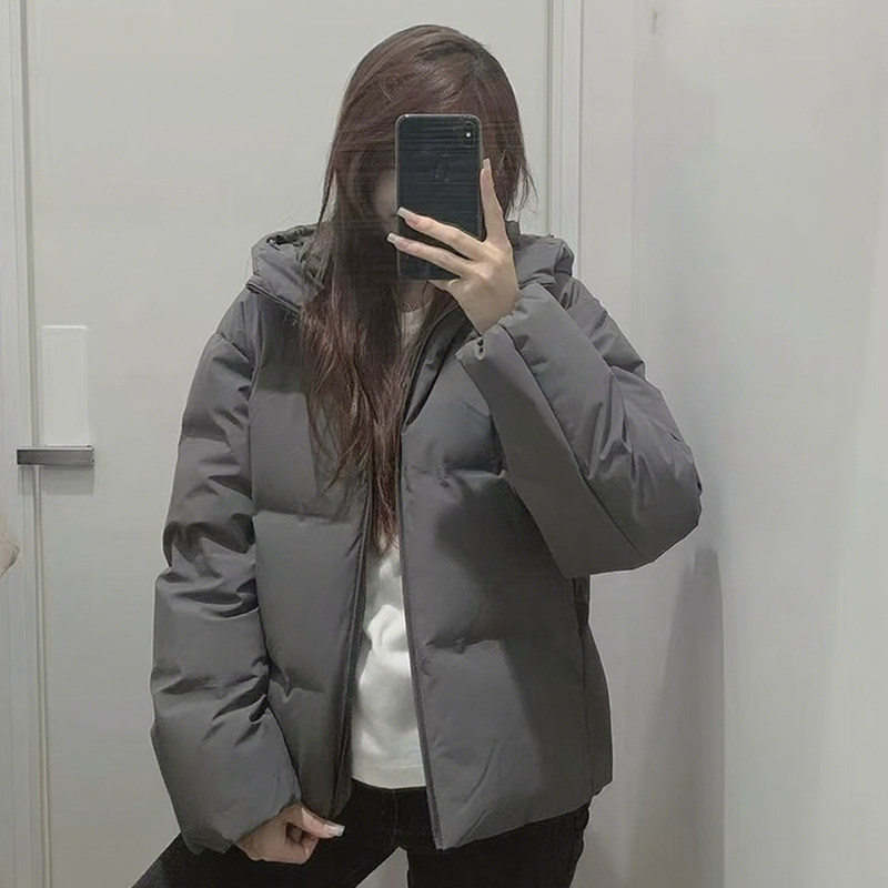 灰色短款保暖棉服女冬季2025新款宽松显瘦学生面包服连帽棉衣外套