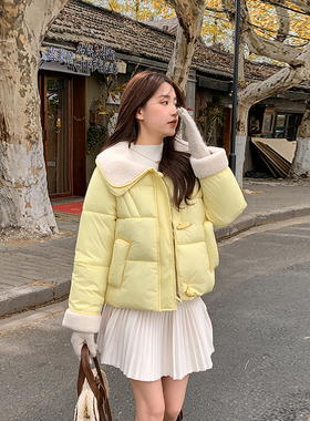 黄色短款棉服外套女秋冬2026新款韩版时尚高级小个子拼接翻领棉衣