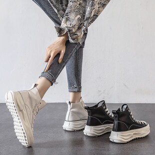 头层牛皮厚底高帮小白鞋女2024春季新款真皮透气增高时尚休闲板鞋